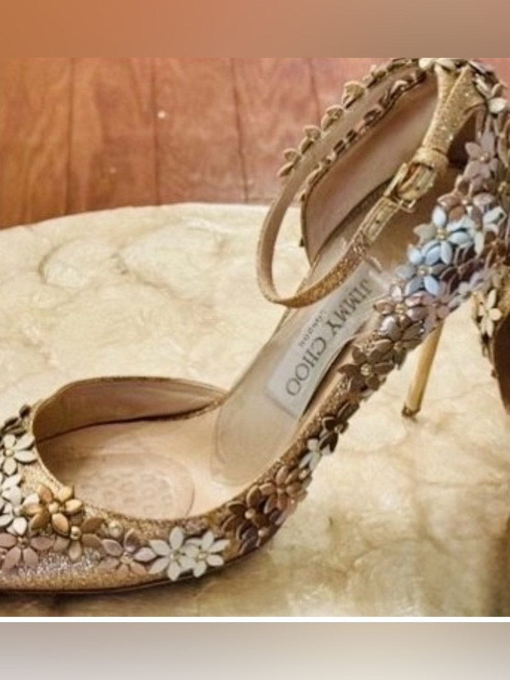 Jimmy Choo NWOT Lorelei Limited Edition Gold-Leather Flowers-Swarovski D’Orsay - Picture 6 of 16